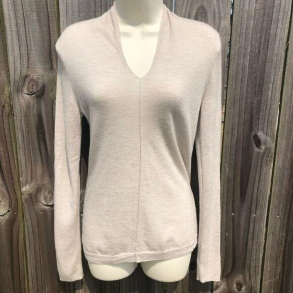Kinross Cashmere Medium Sweater Cream Top V Neck Pullover Tan Ribbed Long Sleeve